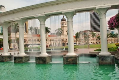 The building behind water curtain.