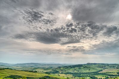 Scenic view of agricultural field against sky