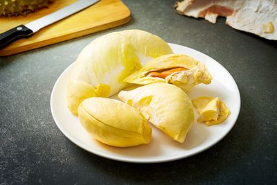 High angle view of food in plate on table