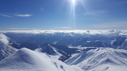 Aerial view of snowcapped mountains against sky