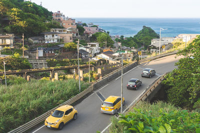 High angle view of traffic on road in city