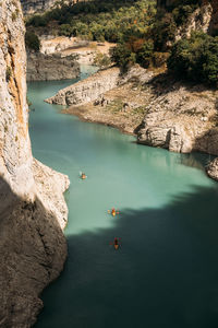 Aerial view of the congost de mont-rebei gorge and kayakers in catalonia, spain