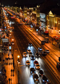 High angle view of traffic on city street at night