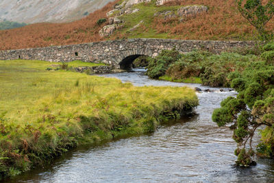 Bridge over river stream amidst plants