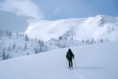 Rear view of person skiing on snowcapped mountain