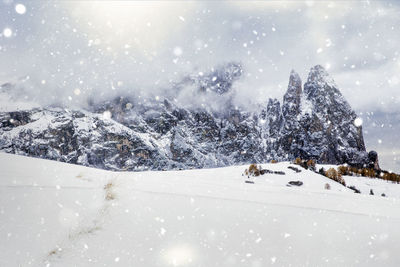 Scenic view of snowcapped mountains during winter