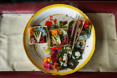 High angle view of food served on table