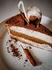 High angle view of chocolate cake in plate