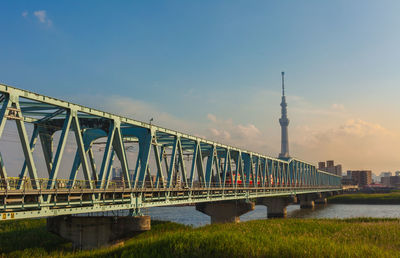 Bridge over river against sky in city