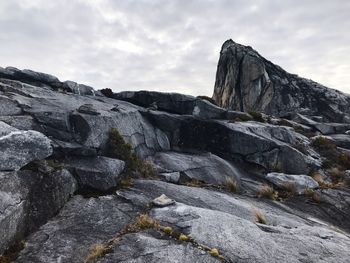 Rock formations on landscape against sky