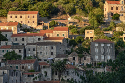 High angle view of buildings in town