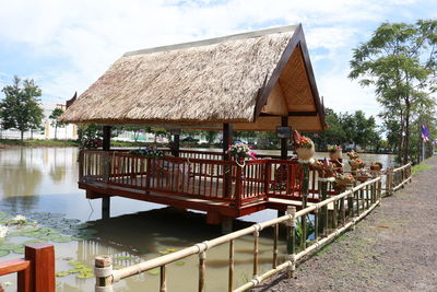 Built structure by lake against sky