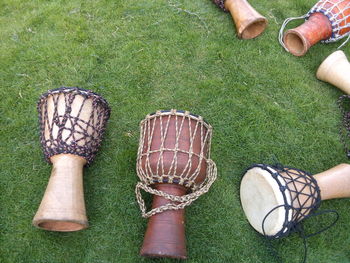 High angle view of shoes on grass