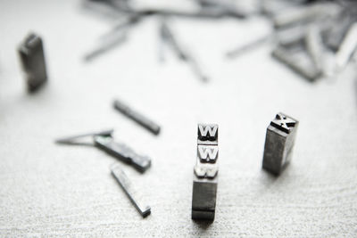 Close-up of printing blocks on table