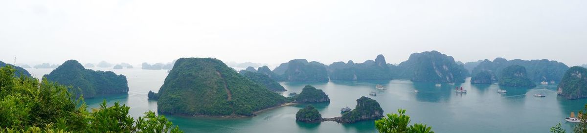 Panoramic view of trees and mountains against clear sky