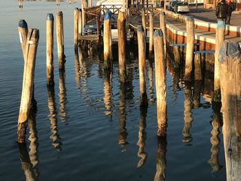 Reflection of wooden posts in water