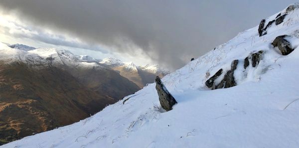 Low angle view of snowcapped mountains against sky