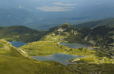 High angle view of lake and mountains