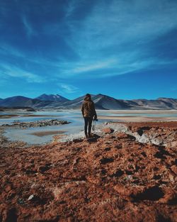 Rear view of man standing on rock formation in desert against sky