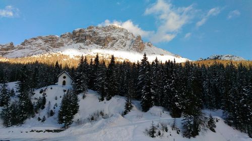 Scenic view of snow covered mountains against sky