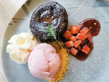 High angle view of dessert in plate on table