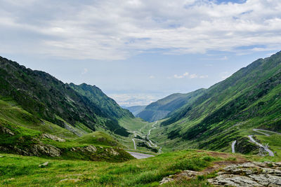 Transfagarasan through the fagaras mountains with green vegetation