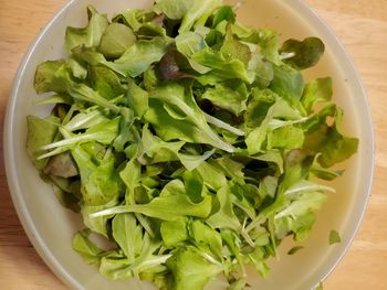 High angle view of salad in bowl on table