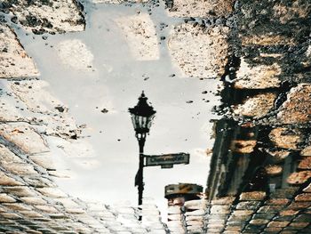 Reflection of street light on puddle during monsoon