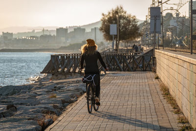 Rear view of woman riding bicycle on promenade in city