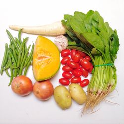 Directly above shot of vegetables on white background