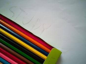 High angle view of colorful pencils