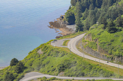 High angle view of road by sea