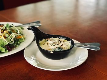 High angle view of food served on table