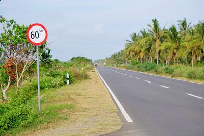 Road sign by trees against sky
