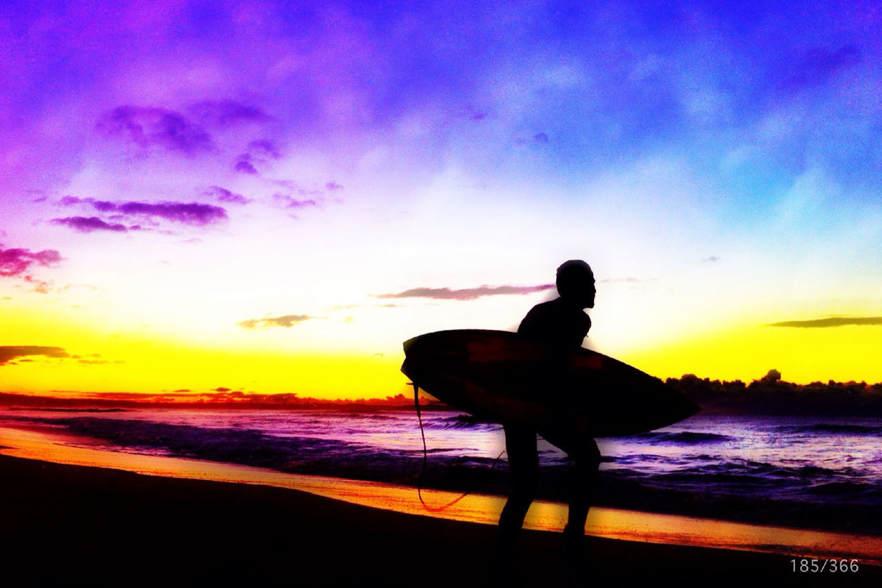 SILHOUETTE OF PEOPLE ON BEACH AT SUNSET