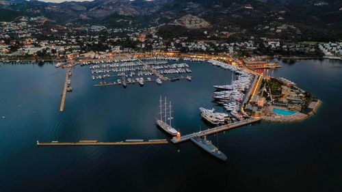 High angle view of sailboat in city