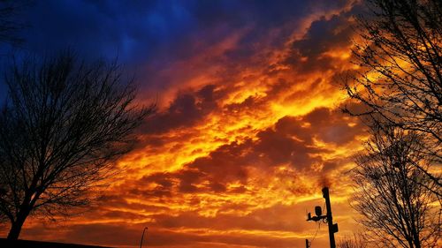 Low angle view of silhouette trees against dramatic sky