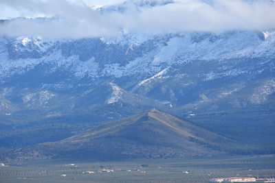 Aerial view of snowcapped mountains against sky