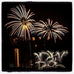 Low angle view of firework display at night