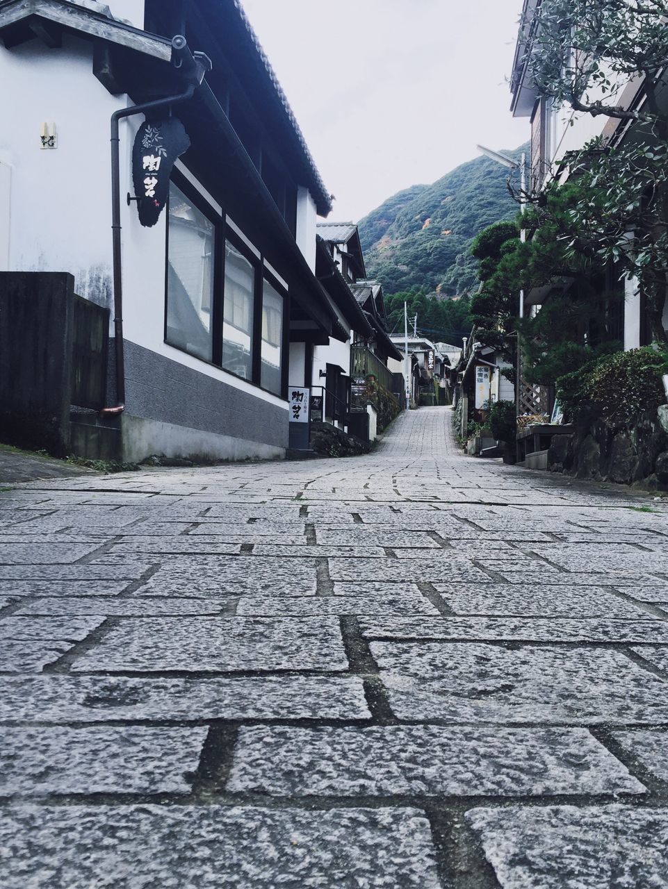 building exterior, architecture, built structure, the way forward, street, house, transportation, residential structure, residential building, cobblestone, clear sky, road, sky, diminishing perspective, mountain, town, tree, outdoors, day, vanishing point