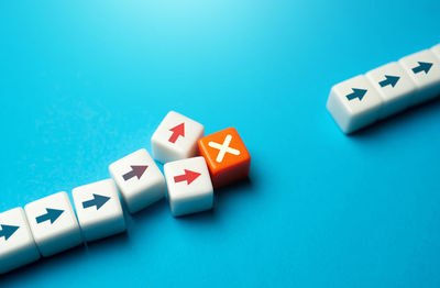 High angle view of pills on blue background