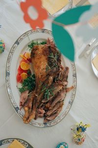 High angle view of food in plate on table