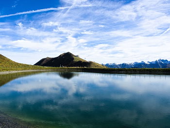 Scenic view of lake by mountains against sky