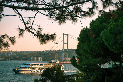 View of suspension bridge over river