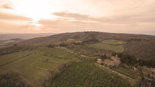 Scenic view of agricultural field against sky during sunset