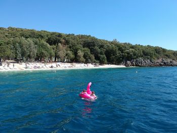 Friends swimming with pink inflatable ring in sea during sunny day