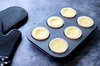 High angle view of cupcakes on table