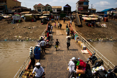 High angle view of people in city