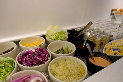 High angle view of food served on table