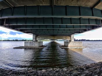 Interior of bridge over sea against sky